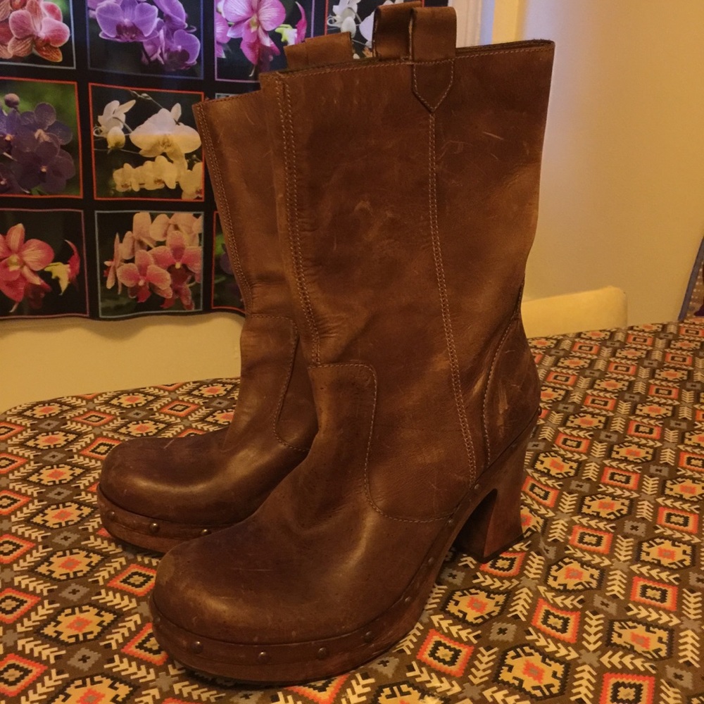 Brown MIA Wooden Heel Clog Calf Boots size 10